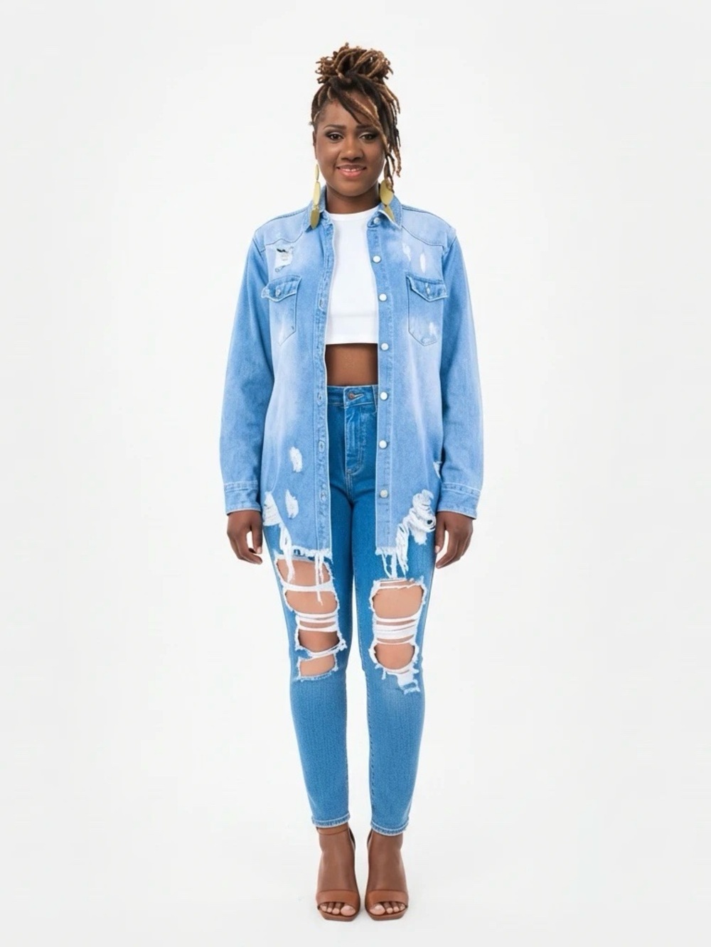 American Bazi Light Blue Distressed Denim Button-Down Shirt